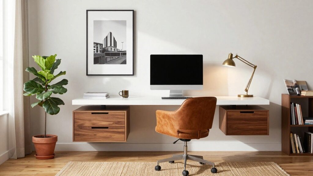 23 Modern Office Ideas for a Sleek and Stylish Setup A home office corner featuring a white wall-mounted desk with keyboard and iMac, a potted ficus plant, tan leather armchair, gold desk lamp, white mug, magazines, and walnut wood storage cabinet with drawers and shelves below the desk, next to a window and radiator on light wood floors with a beige rug.