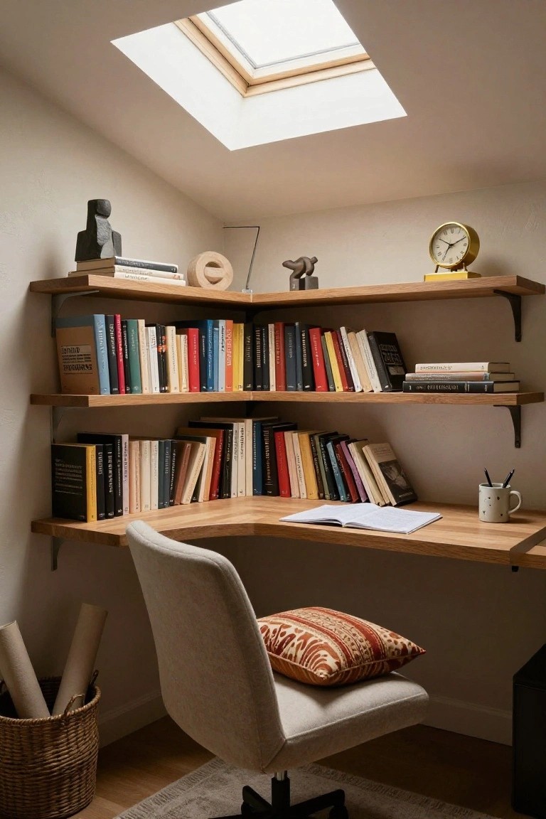 Attic home office nook with floating oak shelves on white walls holding books, sculptures, clock, and rolled paper tube; corner wooden desk with open notebook and dotted mug; cream swivel chair with orange patterned pillow; skylight in ceiling; wicker basket on wood floor.
