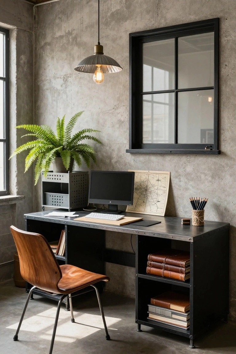Home office corner with black riveted metal desk on short legs, wooden chair, computer monitor, keyboard, fern plant in metal holder, pendant lamp, map print, and bookshelves against textured gray concrete walls and black-framed window.