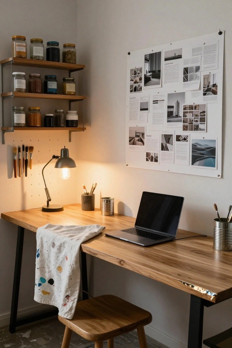 Corner home office with three wooden shelves holding glass jars, a live-edge wood desk on black metal legs with open MacBook laptop and desk lamp, mood board on white wall, paint-splattered cloth draped over desk edge, tin cans and brushes nearby, and wooden stool.