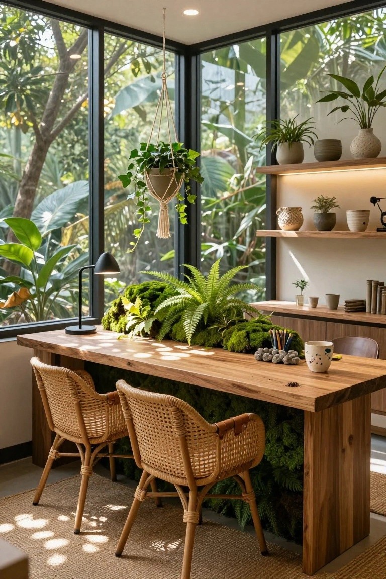 Wooden desk with woven chairs, moss centerpiece, plants, and jungle view.