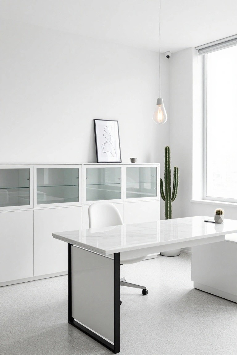 Minimalist white office with marble desk, cactus, and pendant light.