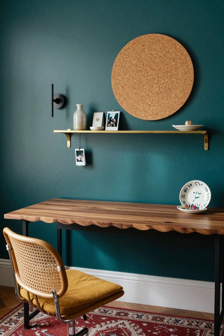 Home office featuring deep teal walls, a wavy-edged wooden desk with black metal legs, rattan chair with yellow cushion, gold wall shelf holding a white vase and plates, round cork bulletin board, and patterned rug on hardwood floor.