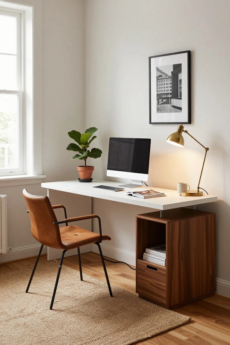 A home office corner featuring a white wall-mounted desk with keyboard and iMac, a potted ficus plant, tan leather armchair, gold desk lamp, white mug, magazines, and walnut wood storage cabinet with drawers and shelves below the desk, next to a window and radiator on light wood floors with a beige rug.