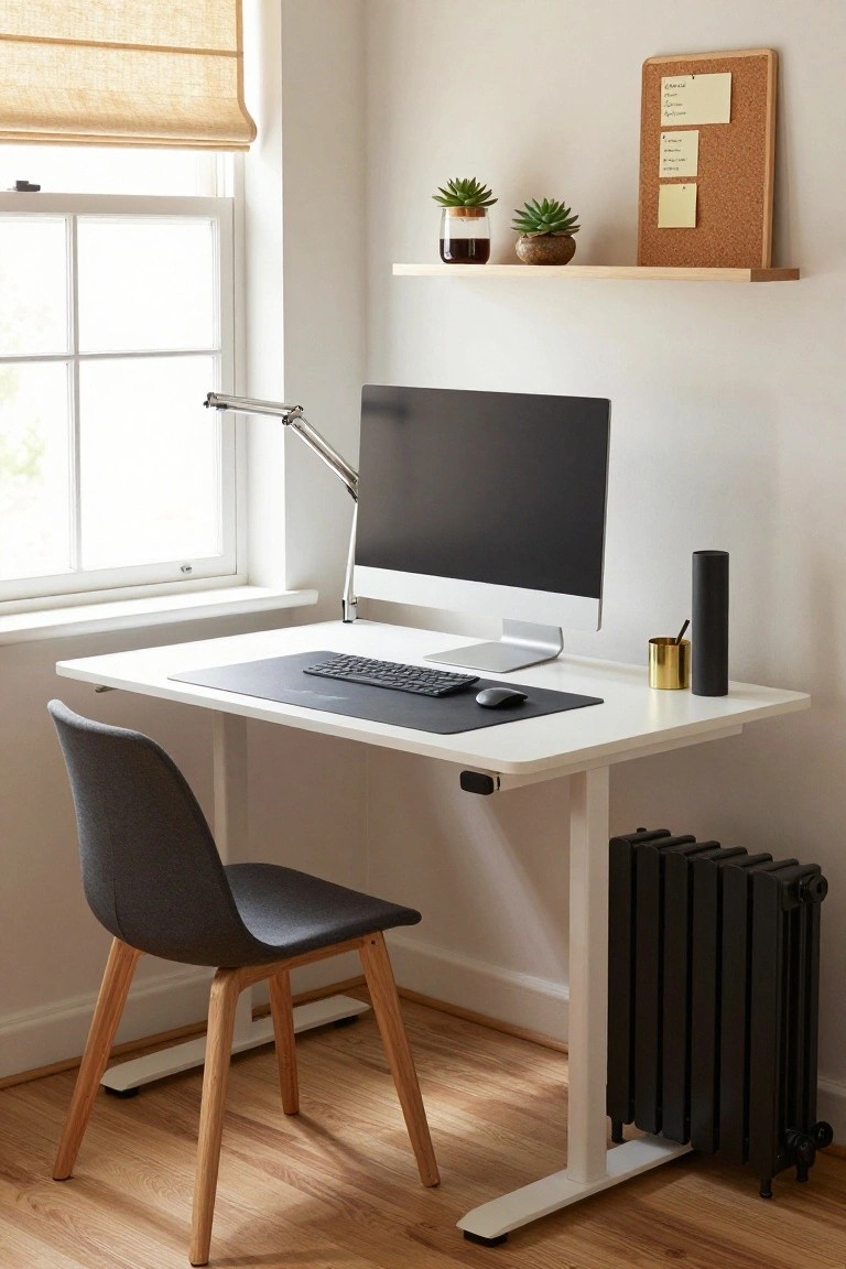 Modern white desk setup with monitor, chair, and succulents by window.