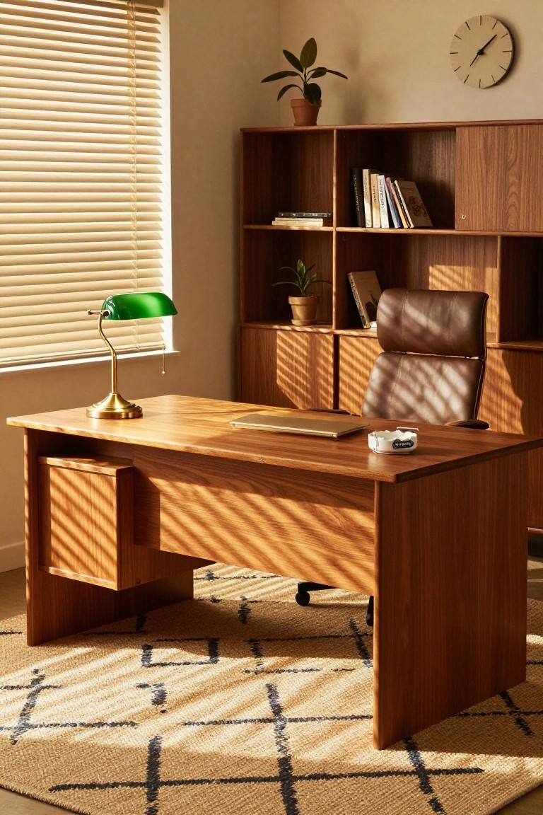 Sunlit home office interior with wooden desk holding green banker's lamp, laptop, and ashtray, leather high-back chair, wooden bookshelves, potted plants, and beige rug.