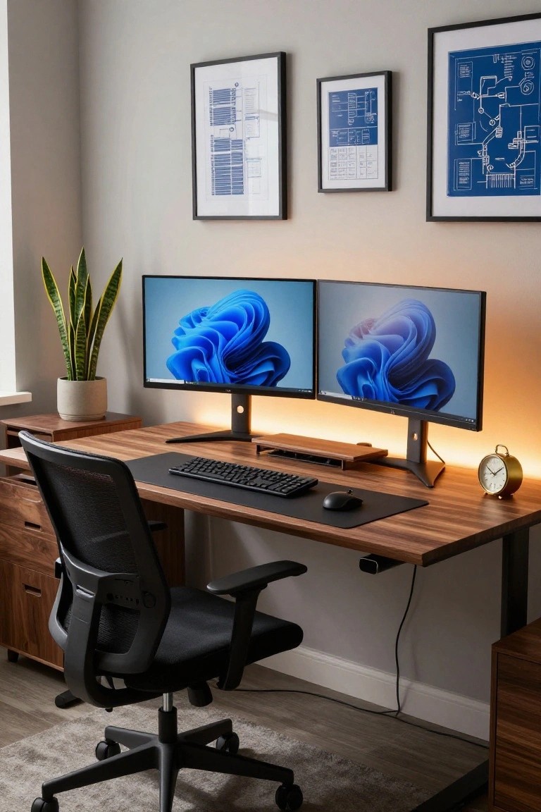 Modern home office with walnut wood standing desk, dual monitors displaying Windows 11 interface, black mesh ergonomic chair, desk mat, mouse, keyboard, snake plant in ceramic pot, gold clock, wood monitor riser with LED strip, and framed blueprint art on beige walls.