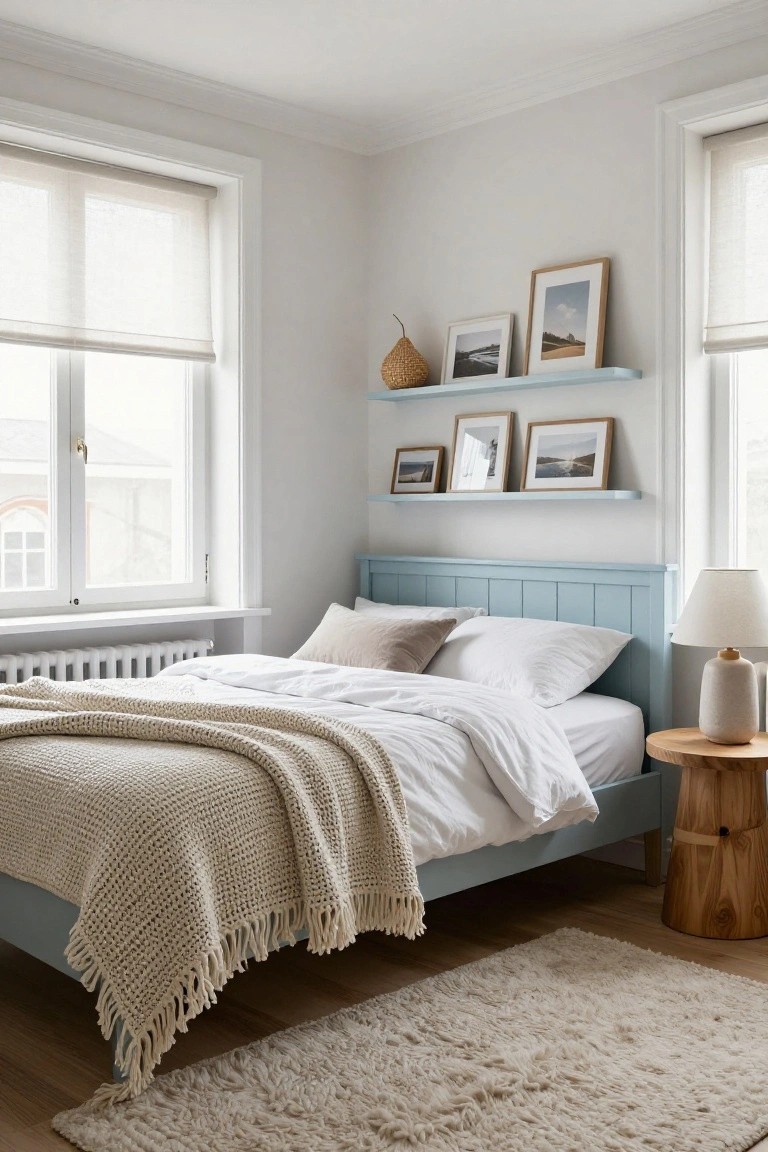 Corner of a light bedroom with a blue-painted wooden bed frame holding white bedding and a beige knit throw, a wooden stool with lamp beside it, light blue shelves with photos above the bed, and large windows with linen blinds on white walls.