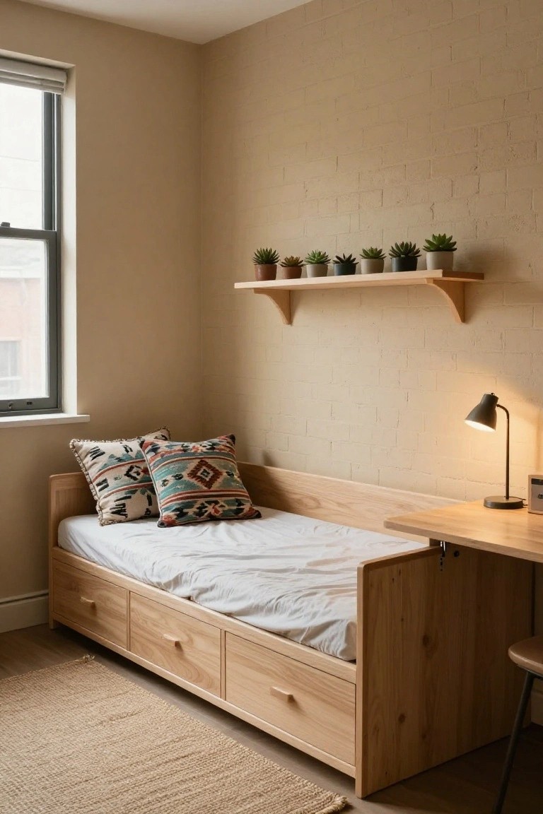 Small bedroom with light wooden daybed featuring integrated desk flap, three drawers underneath, colorful patterned pillows on the bed, row of potted succulents on wall shelf, desk lamp, and jute rug on wood floor.
