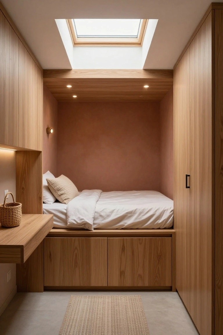 Small bedroom with light oak built-in platform bed, integrated storage drawers, floating desk shelf with basket, tall wardrobe doors, pink accent wall, skylight above, wall lights, seagrass rug on concrete floor.
