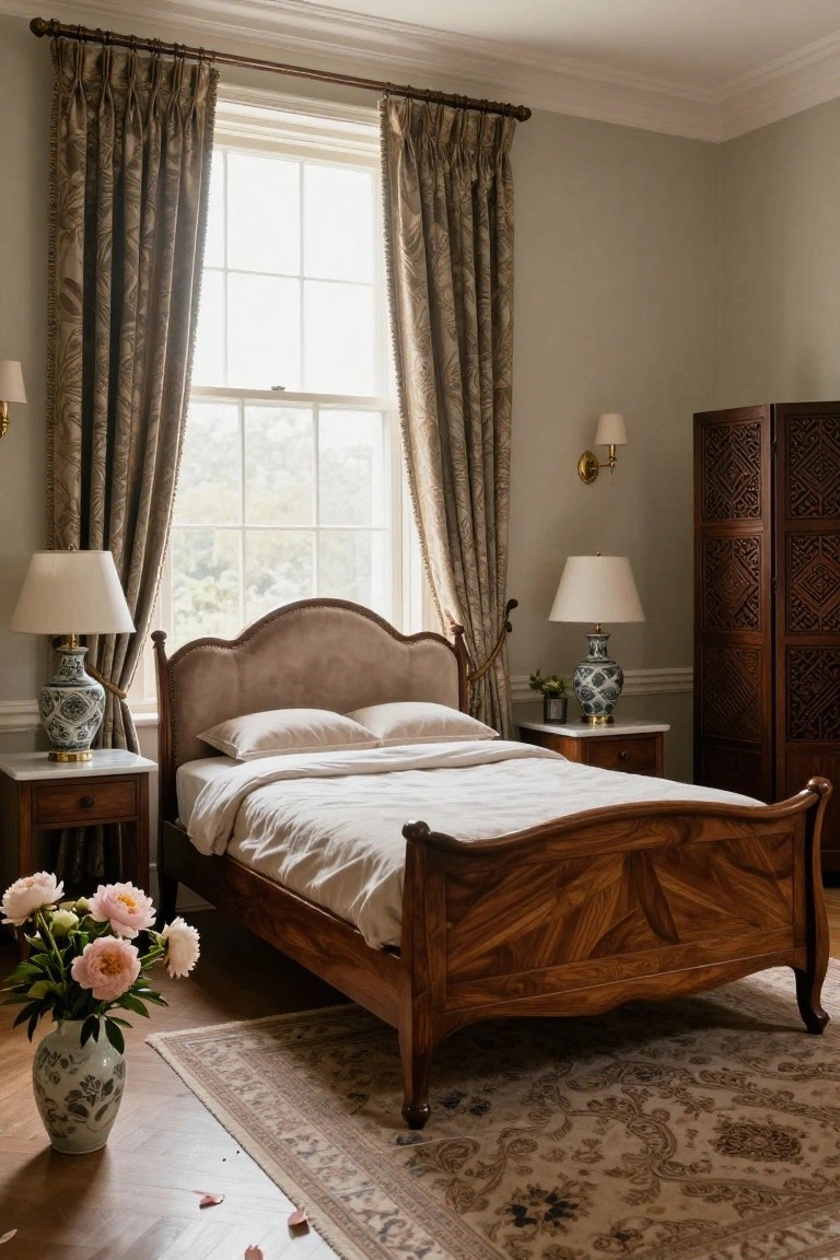 Bedroom with a curved wooden bed frame featuring burled wood panels and upholstered headboard, white linens, matching nightstands with blue and white porcelain vases and lamps, large windows with taupe drapes, pale green walls, carved wardrobe, and beige oriental rug on wood floors.