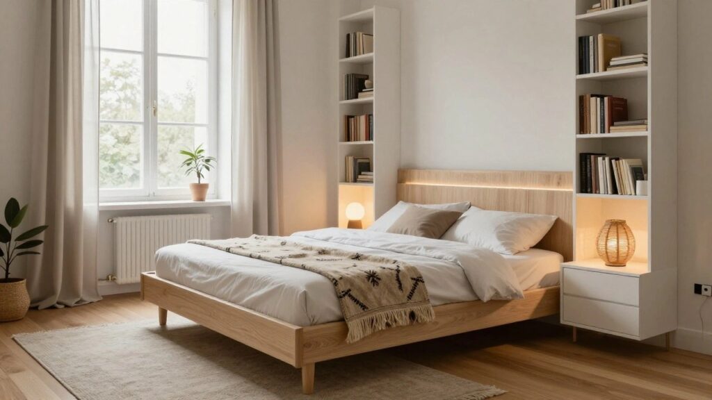 23 Modern Wooden Bed Ideas That Feel Fresh and Stylish Bedroom interior with light oak platform bed frame, white duvet and pillows, beige throw blanket, rattan lamp on white nightstand, sheer curtains on window, potted plant on sill, and built-in bookshelves in white wall niche.