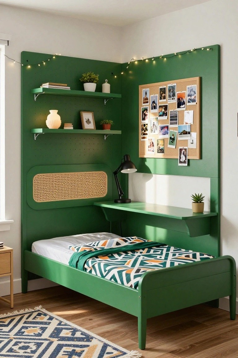 Corner bedroom with green wooden bed frame integrated into desk and shelving unit, pegboard wall with photos, corkboard, plants, rattan headboard panel, desk lamp, and geometric bedding on wood floor.