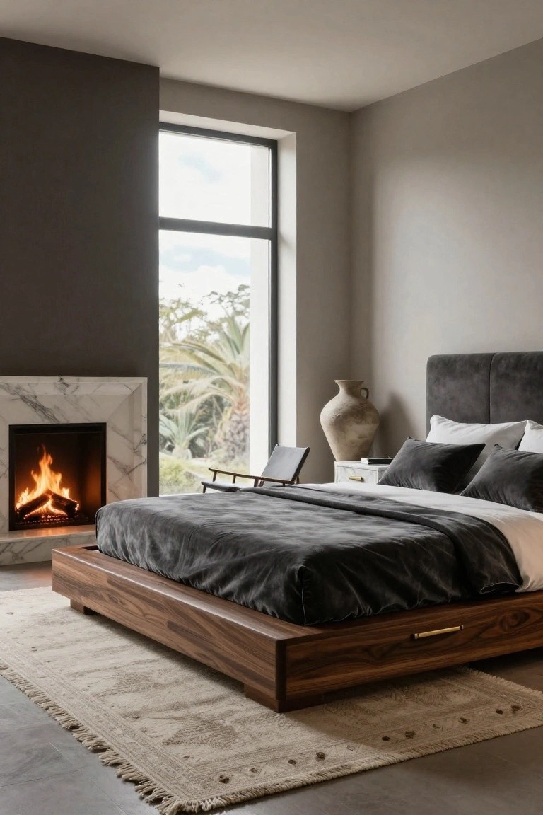 Modern bedroom interior with a low walnut wooden platform bed covered in gray velvet bedding, white marble fireplace with fire burning, large window overlooking palm trees, gray walls, beige rug, and terracotta vase on nightstand.