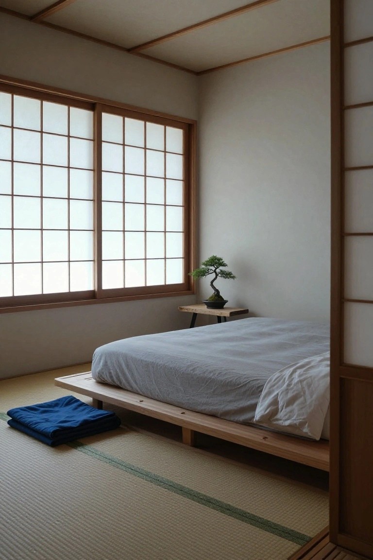 Minimalist Japanese-style bedroom with tatami mat floor, low wooden platform bed covered in gray sheets and white pillow, folded blue blanket nearby, bonsai tree on wooden table next to shoji window.