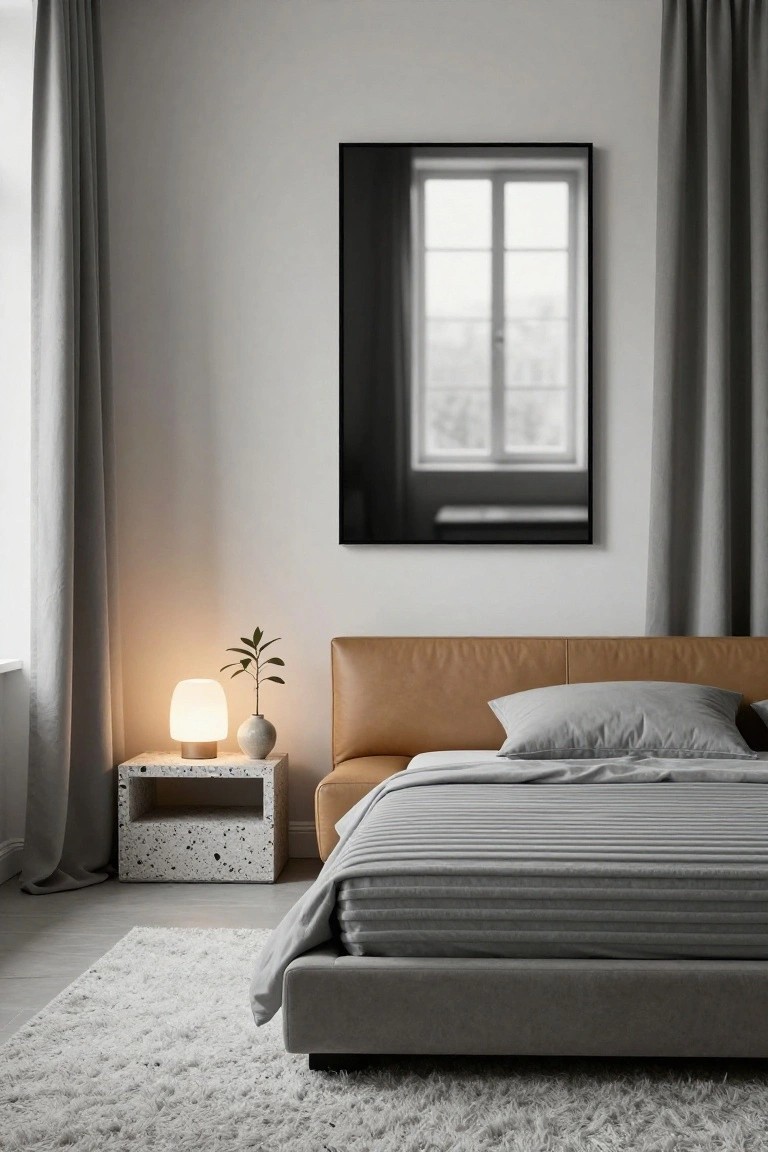 Modern bedroom with platform bed featuring tan leather headboard and gray bedding, terrazzo nightstand holding white lamp and plant, large black-framed mirror on wall reflecting double window, gray curtains, and white shag rug on light gray floor.