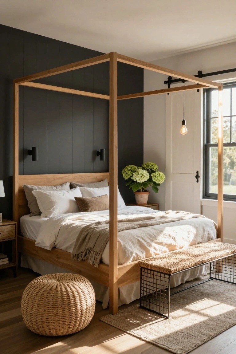 Bedroom with light oak canopy bed frame against dark vertical wood-paneled wall, white and beige bedding, woven bench at foot of bed, potted hydrangea, and window with natural light.