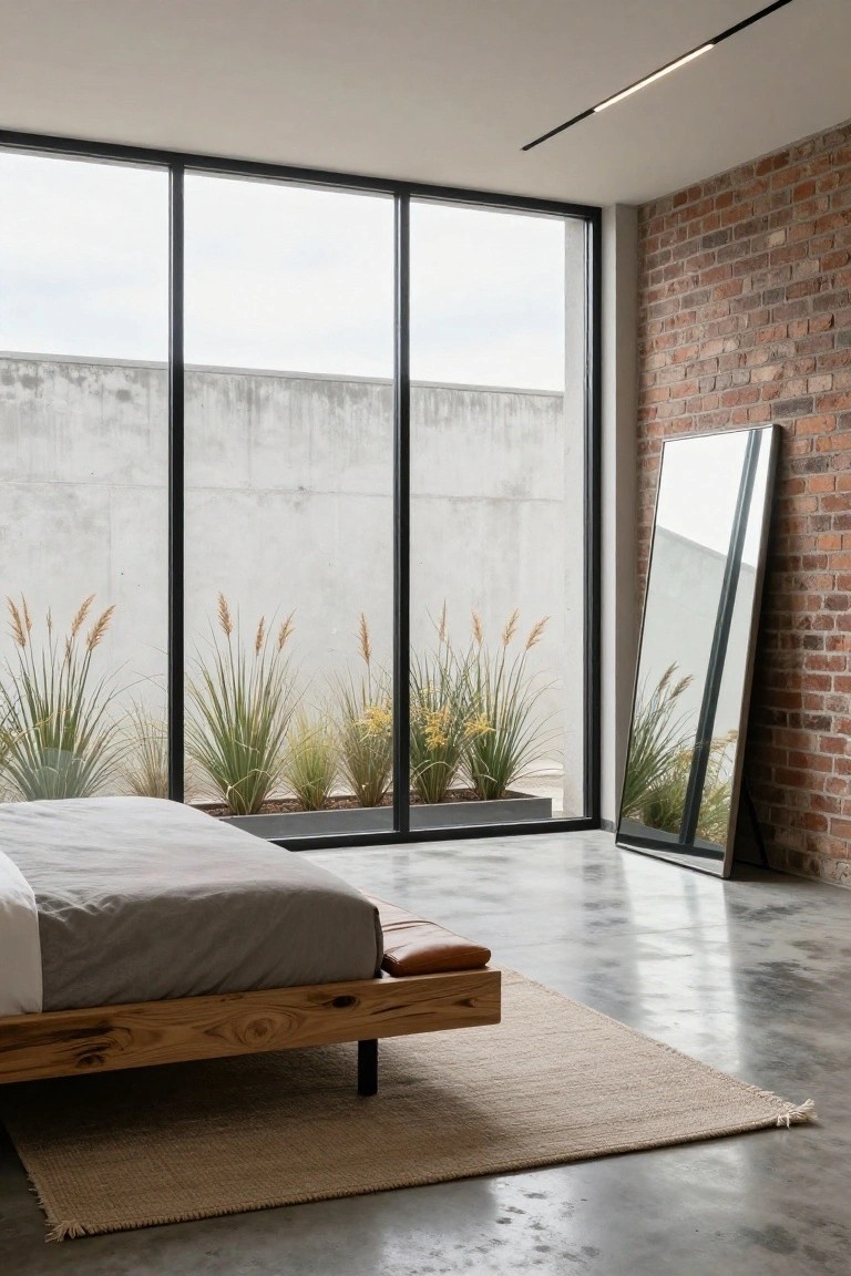 Low wooden platform bed with gray linens and tan leather bench on polished concrete floor in minimalist bedroom with floor-to-ceiling windows showing ornamental grasses outside, brick accent wall, and tall black-framed mirror.