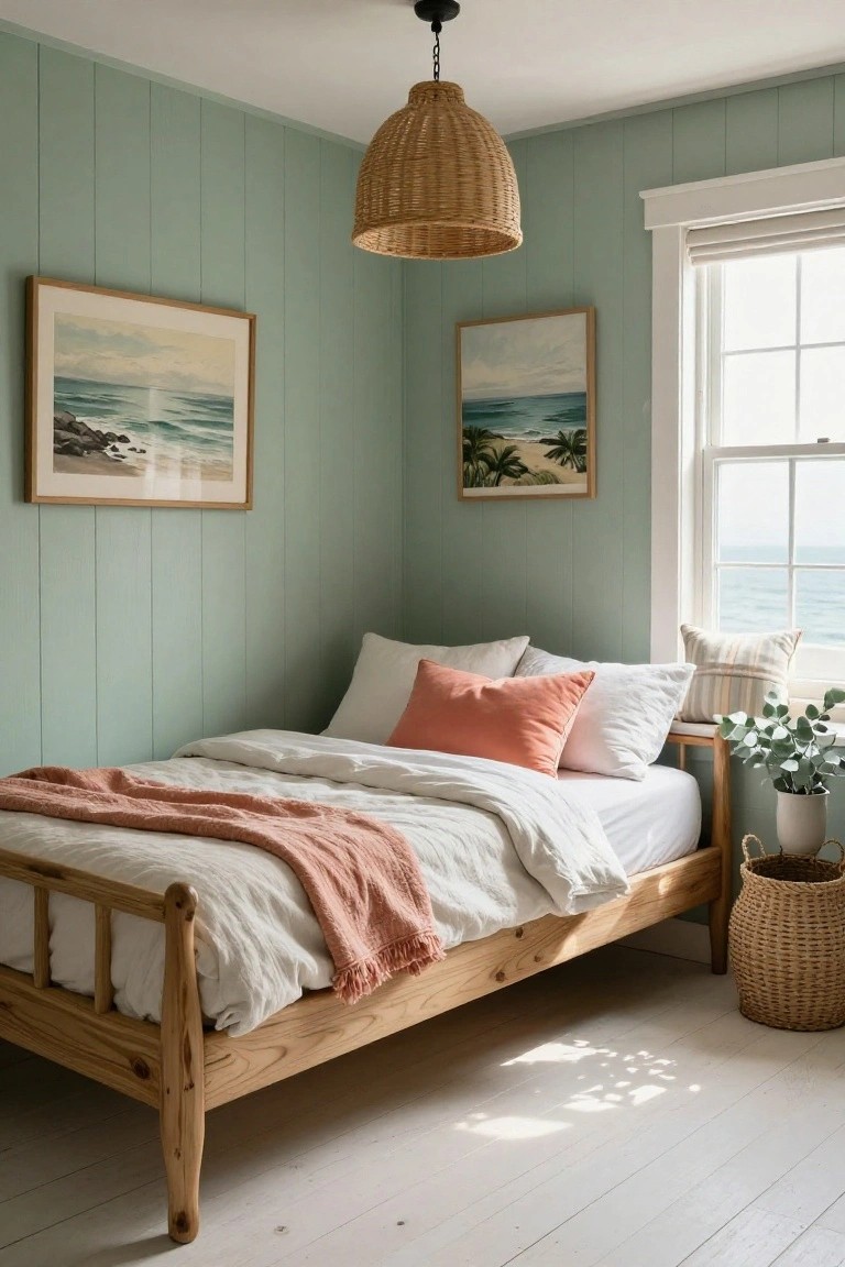 Corner bedroom with pale green vertical shiplap walls, wooden spindle bed draped in white linens and orange throw, rattan pendant light, two framed ocean paintings, side table with eucalyptus plant, wicker basket, and window showing sea view.