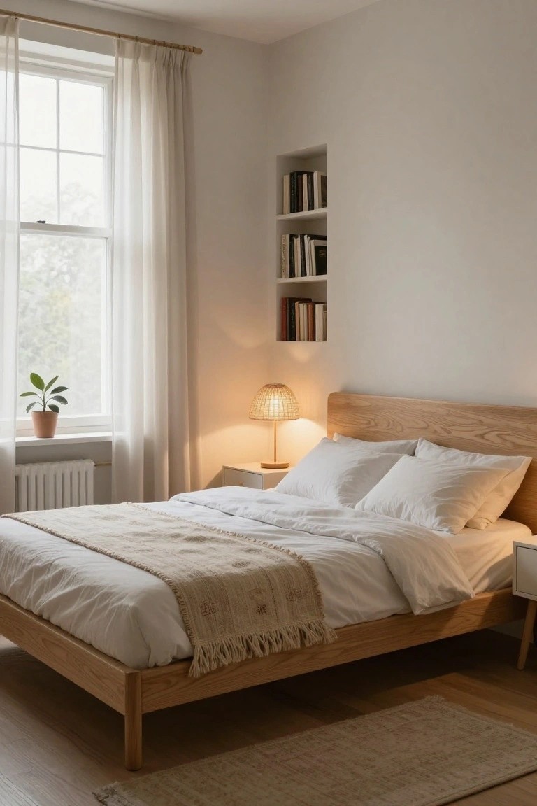 Bedroom interior with light oak platform bed frame, white duvet and pillows, beige throw blanket, rattan lamp on white nightstand, sheer curtains on window, potted plant on sill, and built-in bookshelves in white wall niche.