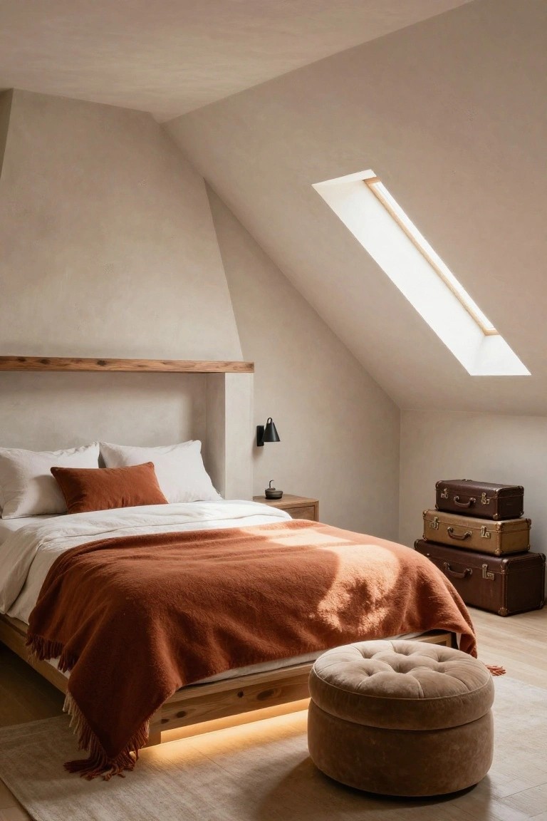 Attic bedroom with low wooden platform bed featuring under-bed lighting, white sheets topped by orange throw blanket and pillows, wooden wall niche headboard, black wall lamp on nightstand, stacked brown leather suitcases, tufted brown ottoman, beige rug, and skylight in sloped white ceiling.