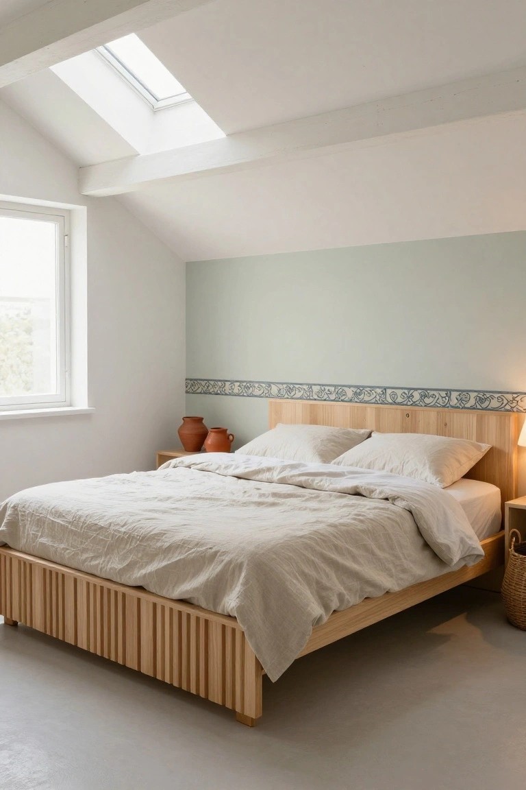 Cozy attic bedroom featuring a low slatted oak bed frame with white linen bedding, two terracotta pots on wooden nightstands, pastel green wall with blue decorative border, skylight, and window.