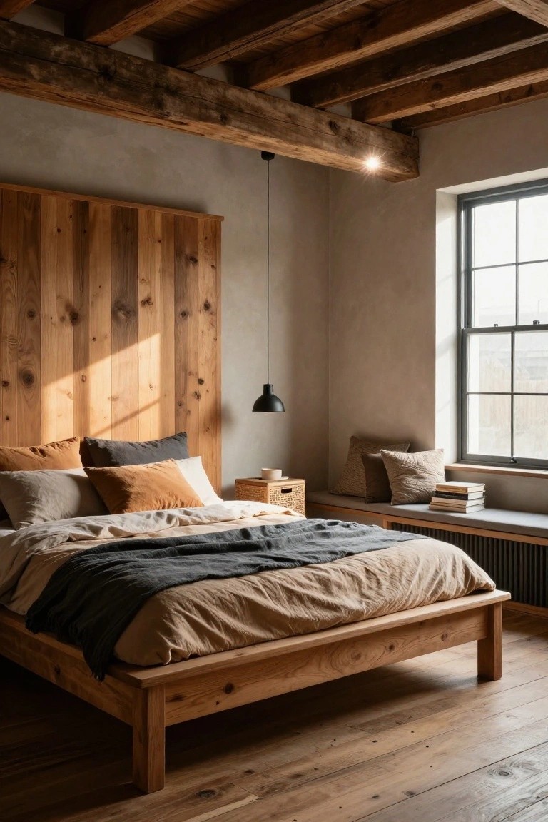 Bedroom with wooden platform bed, vertical slat wood headboard wall, neutral pillows and linens, pendant light, window bench with books, and exposed beam ceiling.