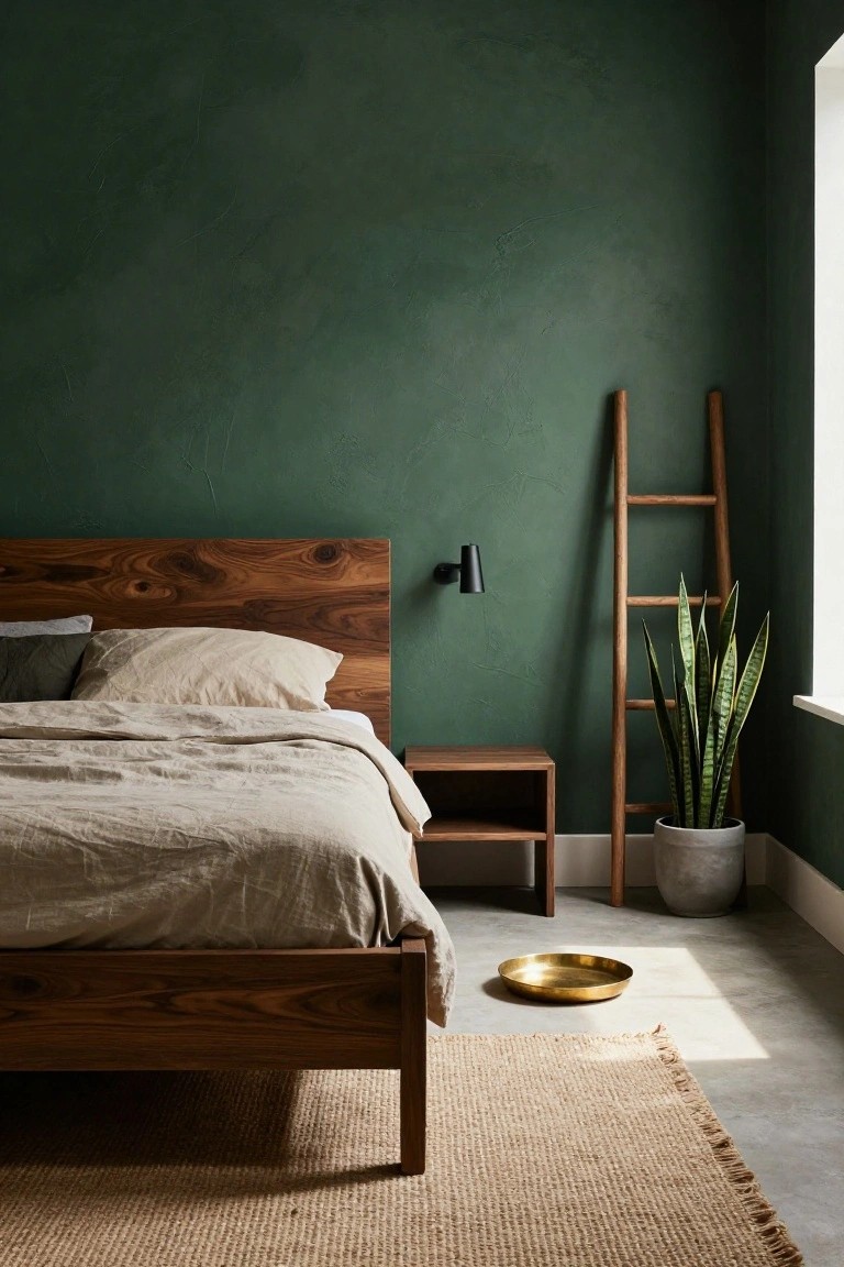 Bedroom interior with a wooden bed frame and headboard against a textured deep green wall, wooden nightstand, ladder shelf holding a snake plant in a gray pot, beige linen bedding, gold tray on concrete floor, and beige rug.