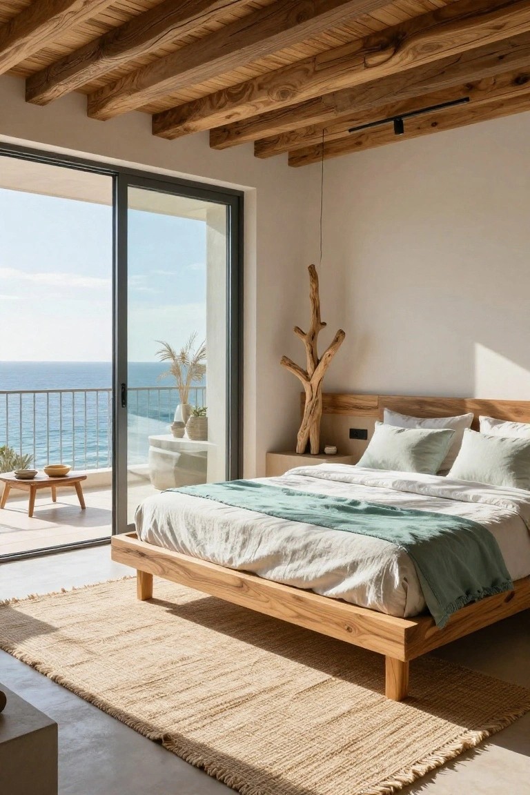 Bedroom with low wooden platform bed draped in white linens and green throw, exposed wooden ceiling beams, tall driftwood sculpture beside bed, potted plants, small wooden side table, and sliding glass doors to balcony overlooking ocean.