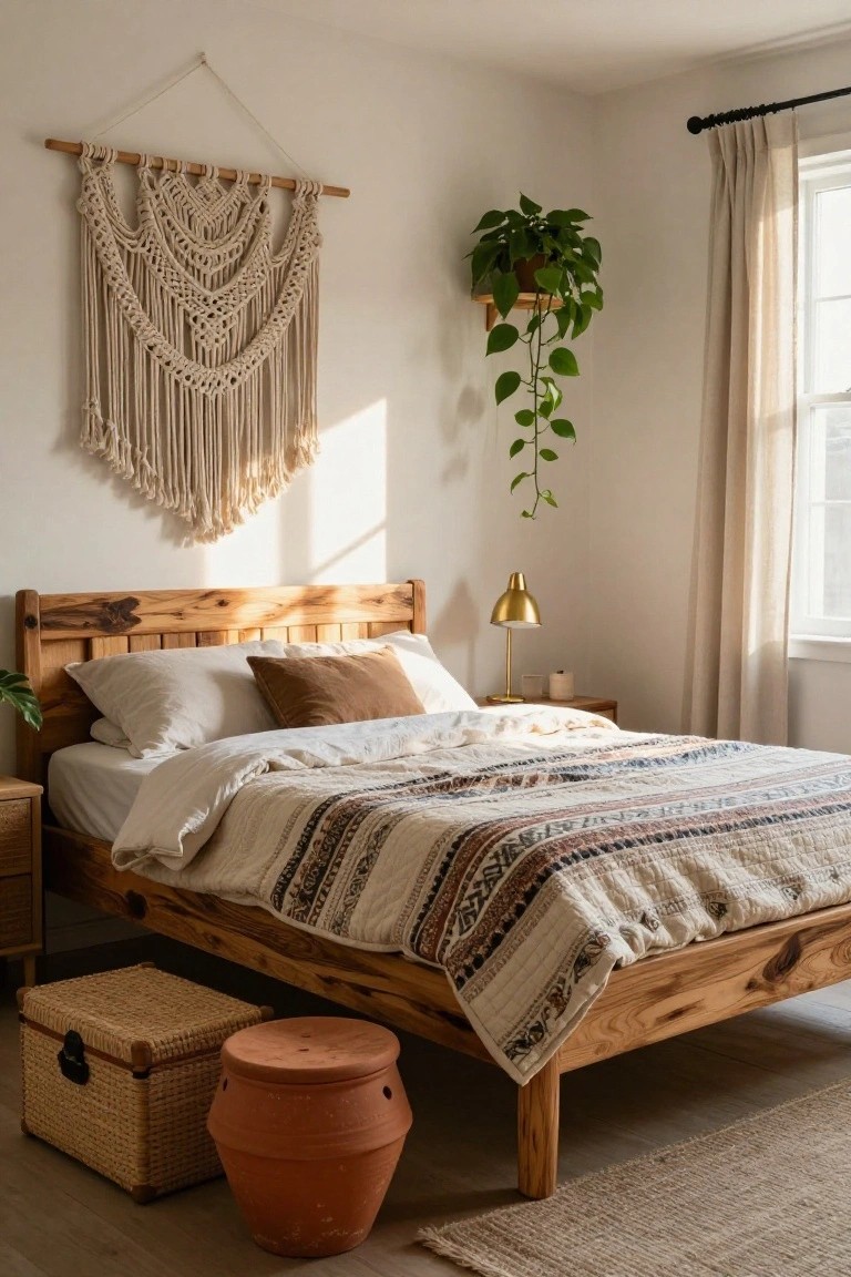 Bedroom interior with light wooden bed frame and slatted headboard, white sheets and pillows topped by multicolored woven quilt, large beige macrame wall hanging, hanging potted plant, gold lamp on wooden nightstand, wicker storage box, terracotta stool, and beige rug on light floor.