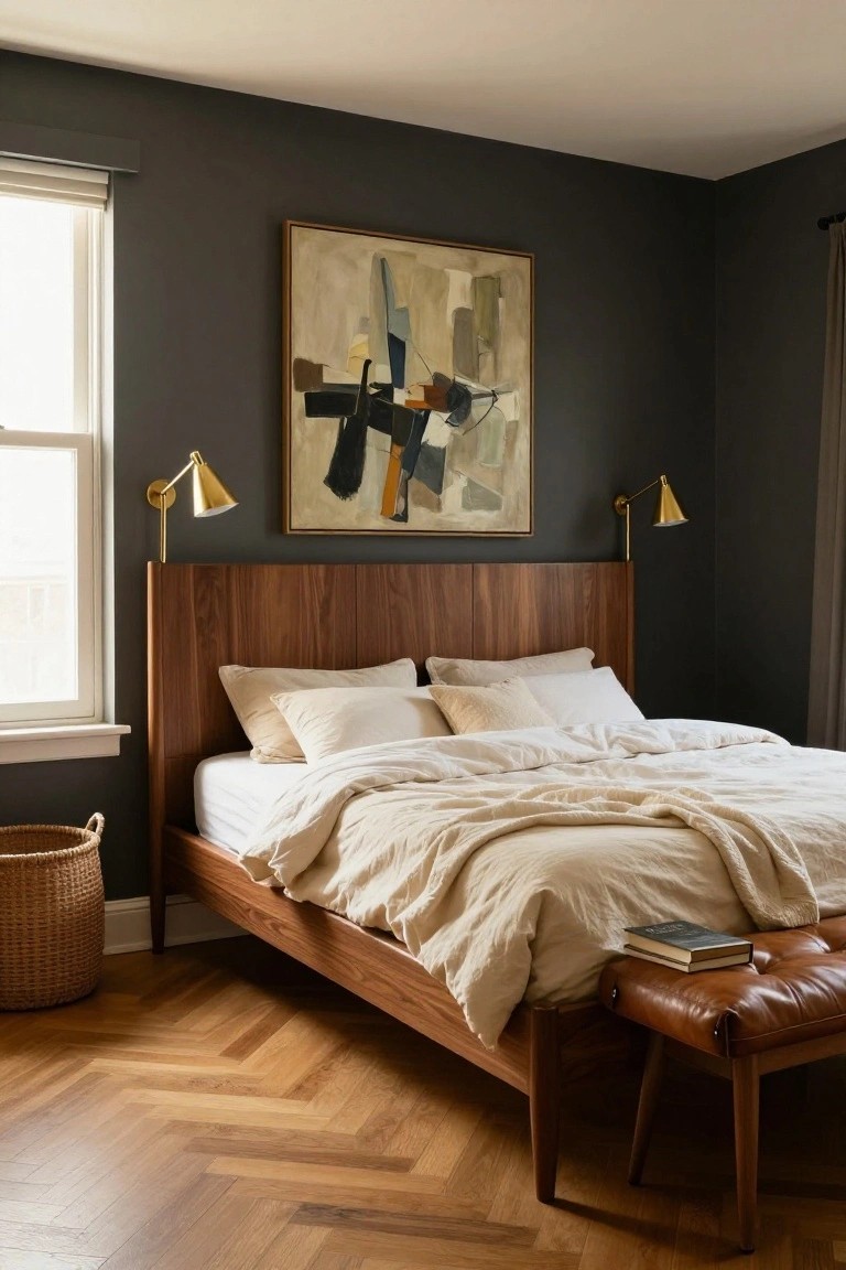 Modern bedroom with wooden bed, abstract art, and leather bench.