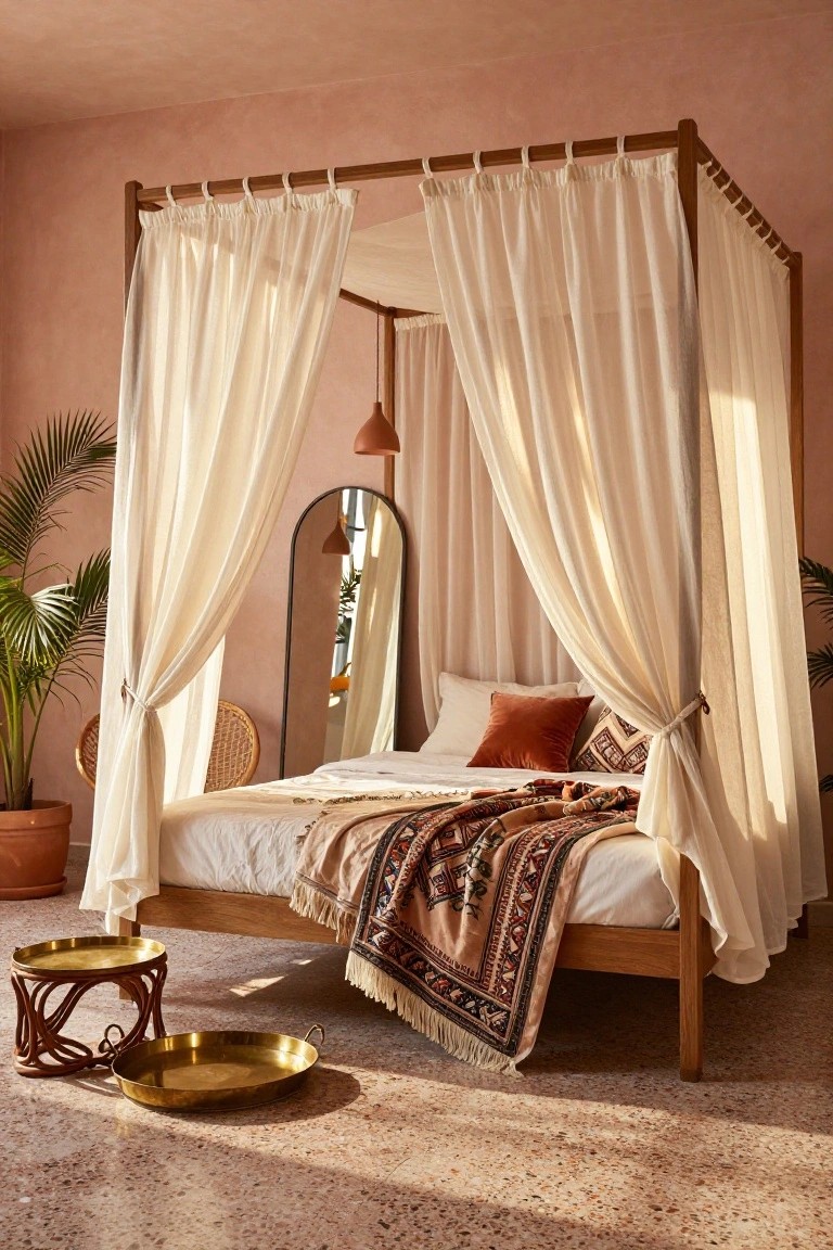 A bedroom with a light wooden four-poster bed draped in sheer white curtains, terracotta pink walls, potted palm plants, an arched mirror, woven bed textiles, and brass trays on a tiled floor.