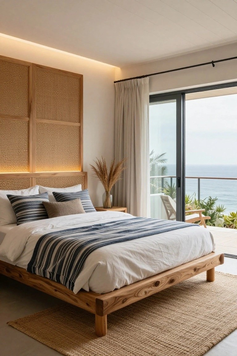 Bedroom with low wooden platform bed, woven cane headboard with edge lighting, white bedding with blue striped throw, nightstand, pampas grass vase, sliding glass doors to balcony overlooking ocean and plants.