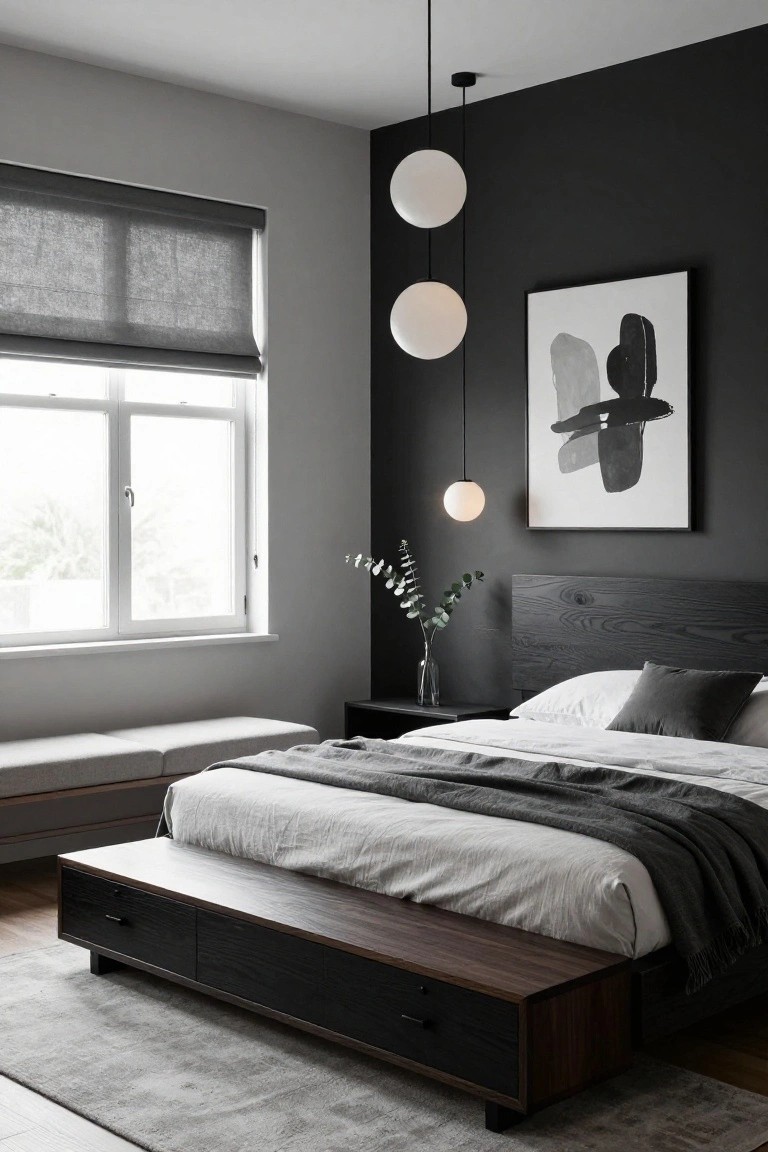 Modern bedroom interior featuring a platform bed with dark wood headboard, a low wooden bench with black drawers at the foot, gray walls, pendant globe lights, and a window with sheer gray shades.