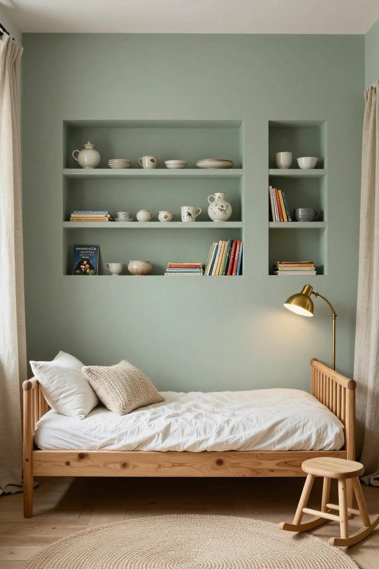 A sage green child's bedroom with recessed wall niches displaying white ceramics, teacups, books, and vases, a low wooden spindle bed with white rumpled sheets and knit pillows, brass arc lamp, wooden stool and rocking horse on light wood floor with seagrass rug.
