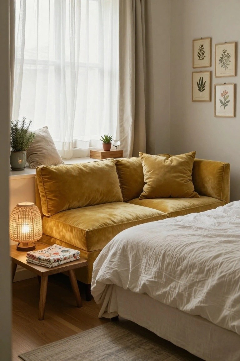 A mustard yellow velvet loveseat in a light gray bedroom corner by a window with sheer white curtains, next to a white bed, with potted plants on the windowsill, a rattan lamp on a wood side table, and botanical prints on the wall.