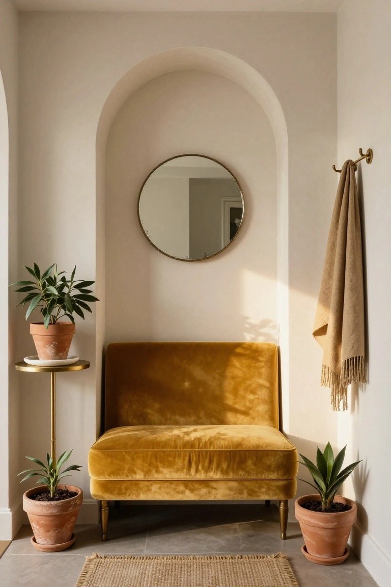 Small mustard yellow velvet loveseat in a white arched wall niche with potted plants on gold side table and floor, round mirror in arch, beige throw on wall hook, and seagrass rug on tiled floor.