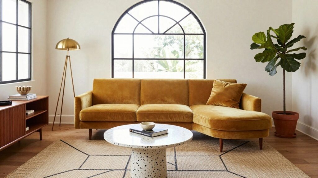 23 Mustard Velvet Sofa Ideas for a Warm and Trendy Vibe A mustard yellow velvet three-seater sofa sits in a bright white living room with a large arched black-framed window, gold tripod floor lamp, fiddle leaf fig plant in a pot, round white terrazzo-topped wood coffee table, woven beige rug, and stacked books on the floor.