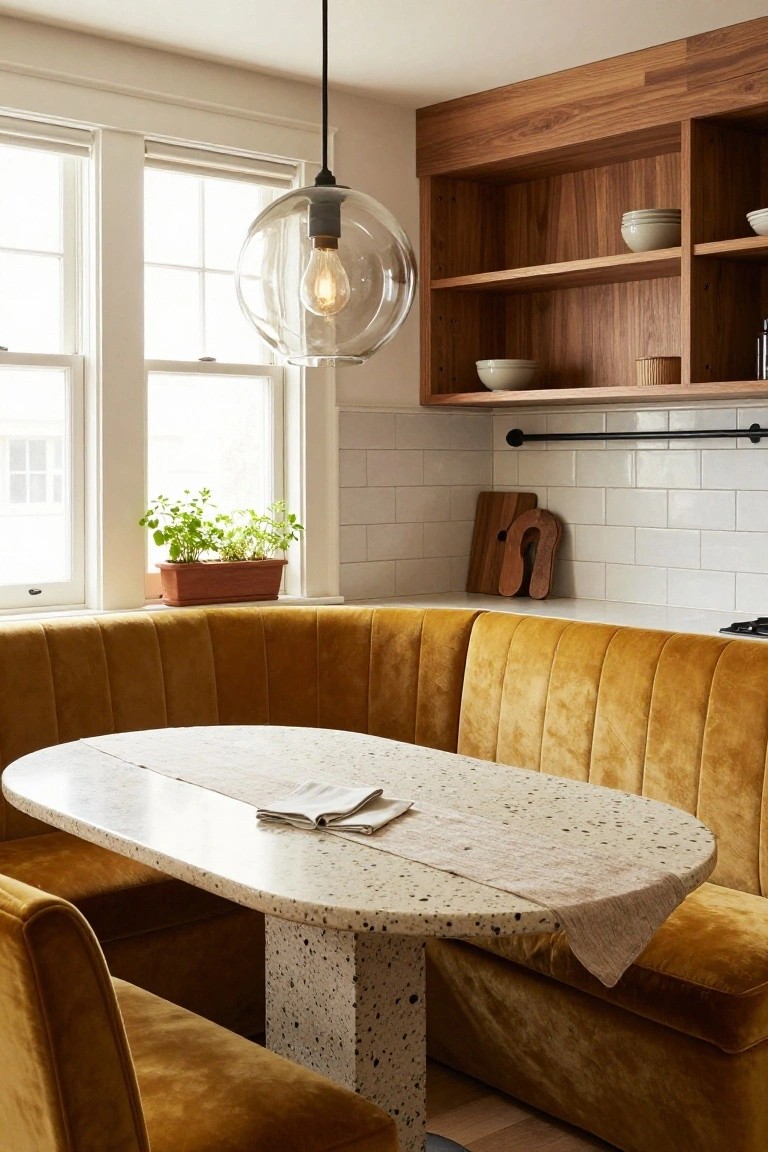 Kitchen nook featuring mustard yellow velvet tufted banquette booth seating around an oval white terrazzo pedestal table, with wooden open shelves, white subway tile backsplash, large windows, and a glass globe pendant light.