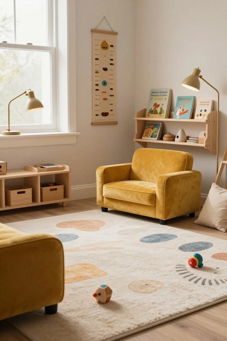 A mustard yellow velvet armchair in a bright children's room with wooden bookshelves holding kids' books, a fabric height chart on the wall, neutral wood storage, and toys on a spotted white rug.