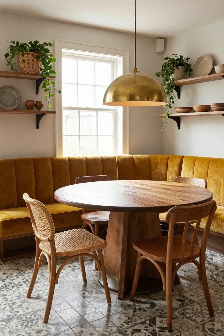 Curved mustard yellow velvet booth seating in a bright kitchen nook around a round wooden table with rattan and wooden chairs, plants on wooden shelves, gold pendant light, white walls, and patterned tile floor.