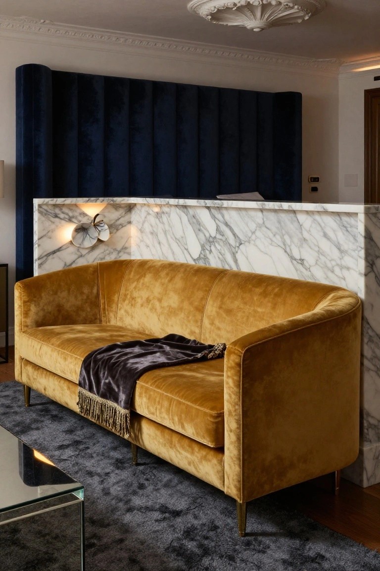 Curved mustard yellow velvet sofa with black throw blanket on a dark gray rug in front of white marble partition, navy blue tufted wall panels, shell-shaped wall sconces, and glass coffee table.