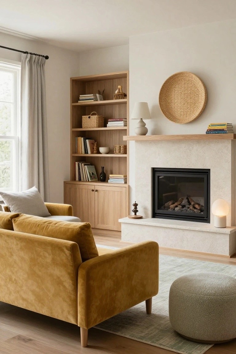 Living room interior with mustard yellow velvet sofa facing a gas fireplace, flanked by oak built-in bookshelves, neutral rug, and side chair.