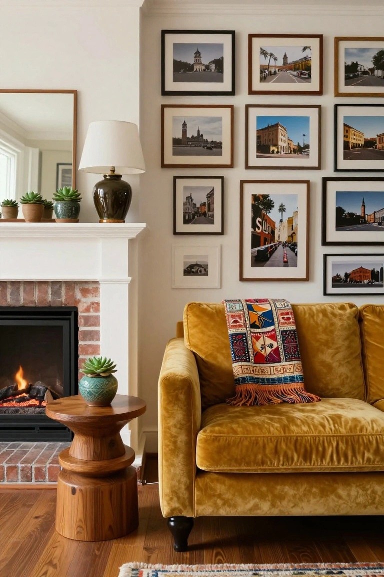 Living room with mustard yellow velvet sofa beside brick fireplace, gallery wall of black and wood-framed cityscape photos, potted succulents on mantel and side table, table lamp, and mirror.