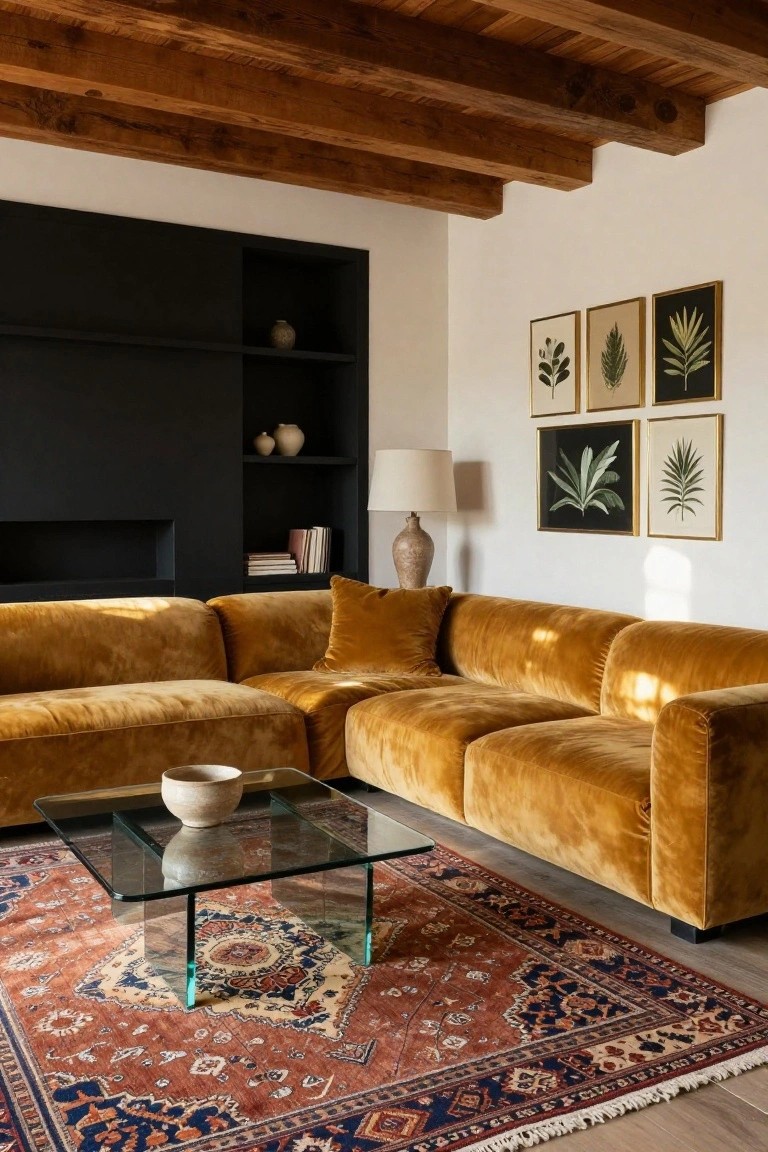 Living room with L-shaped mustard velvet sofa, glass coffee table on red Persian rug, black wall with shelves and fireplace, exposed wooden beam ceiling, white walls, potted ceramics, and framed botanical prints.
