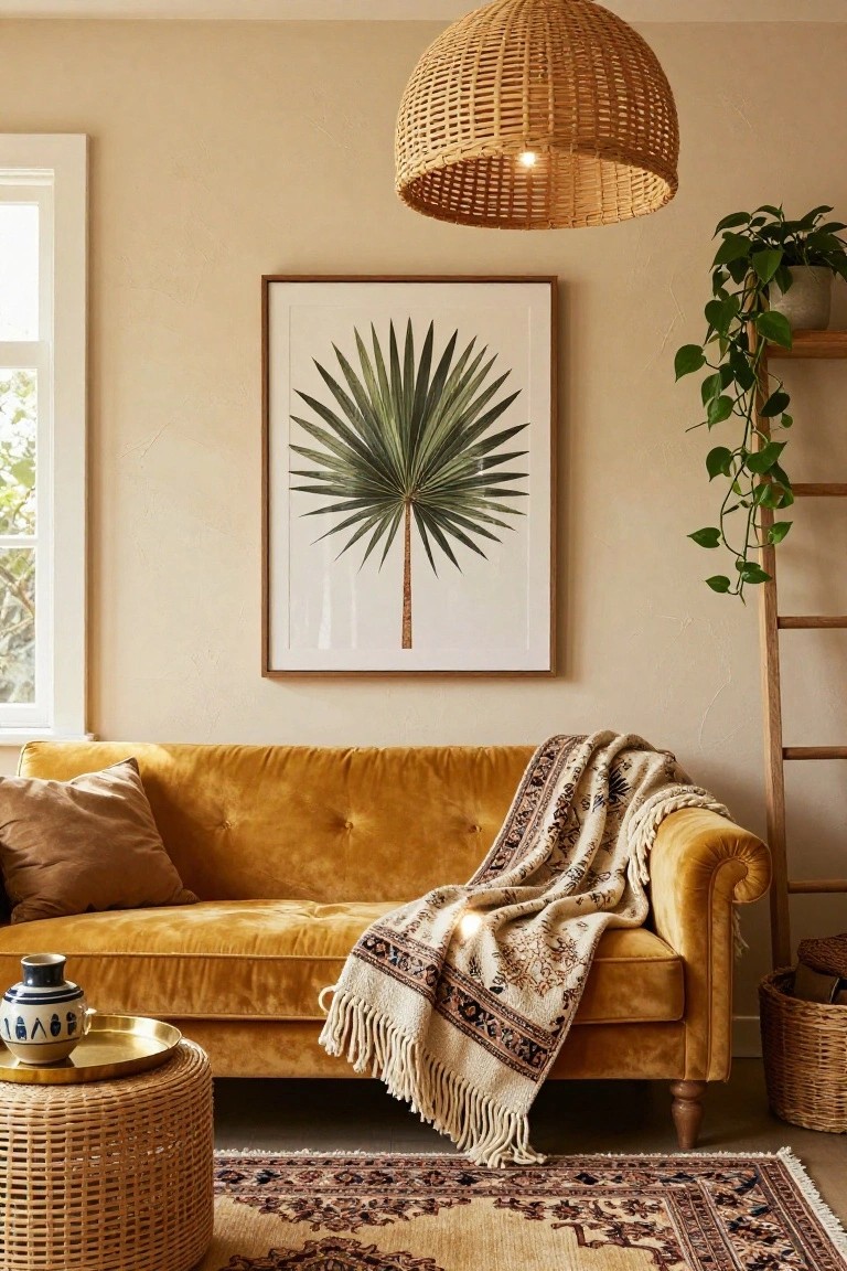 Cozy living room with mustard velvet sofa, palm print, and woven accents.