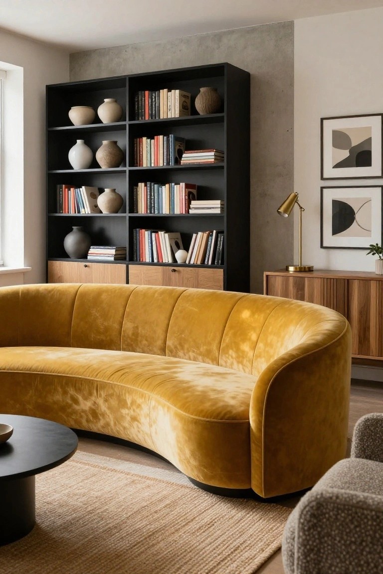 A curved mustard yellow velvet sofa in a living room with tall black bookshelves filled with books and ceramics, wood cabinets, a black coffee table, and abstract art on a textured gray wall.
