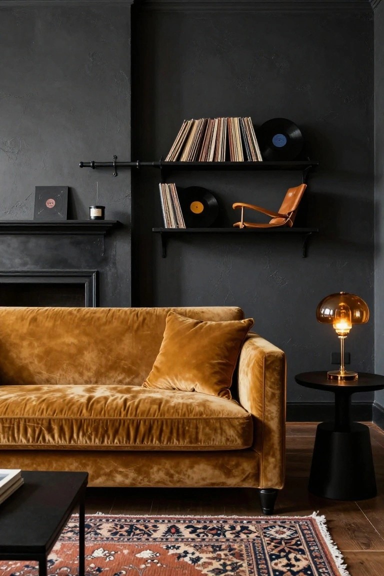 Mustard yellow velvet sofa in a black-walled living room with floating shelves holding vinyl records and books, a brass globe lamp on a black side table, low black coffee table, patterned rug, and wooden floors.