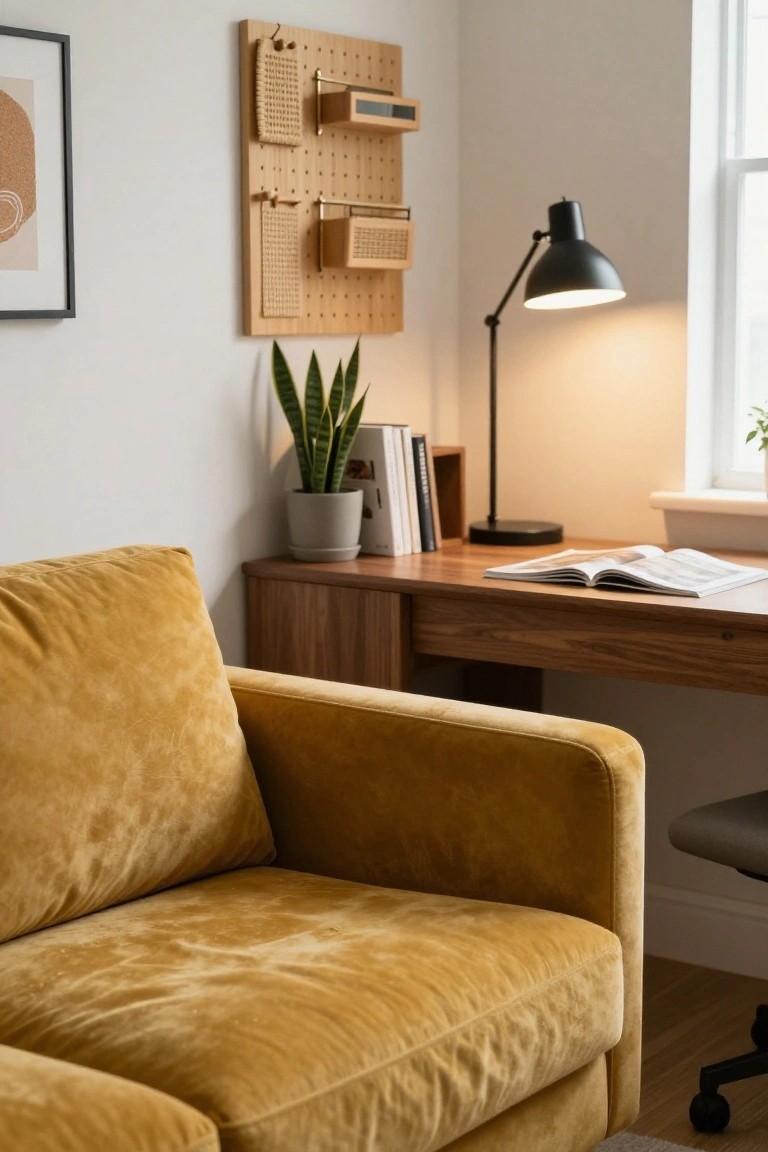 Mustard yellow velvet sofa next to a wooden desk in a bright room with pegboard wall organizer, black desk lamp, snake plant in white pot, books, and open book on desk.