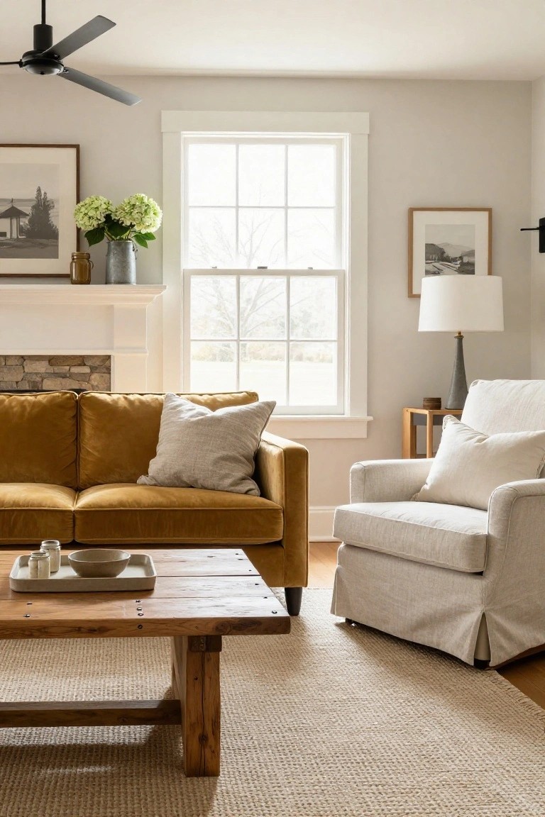 Cozy living room with mustard leather sofa, beige armchair, and wooden coffee table.